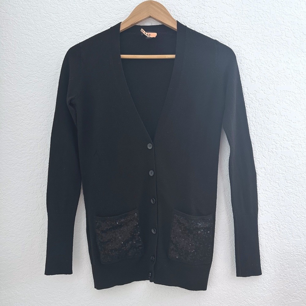 Ann Taylor Extrafine Merino‎ Wool Knit Cardigan Sweater S Black Sequin Secretary